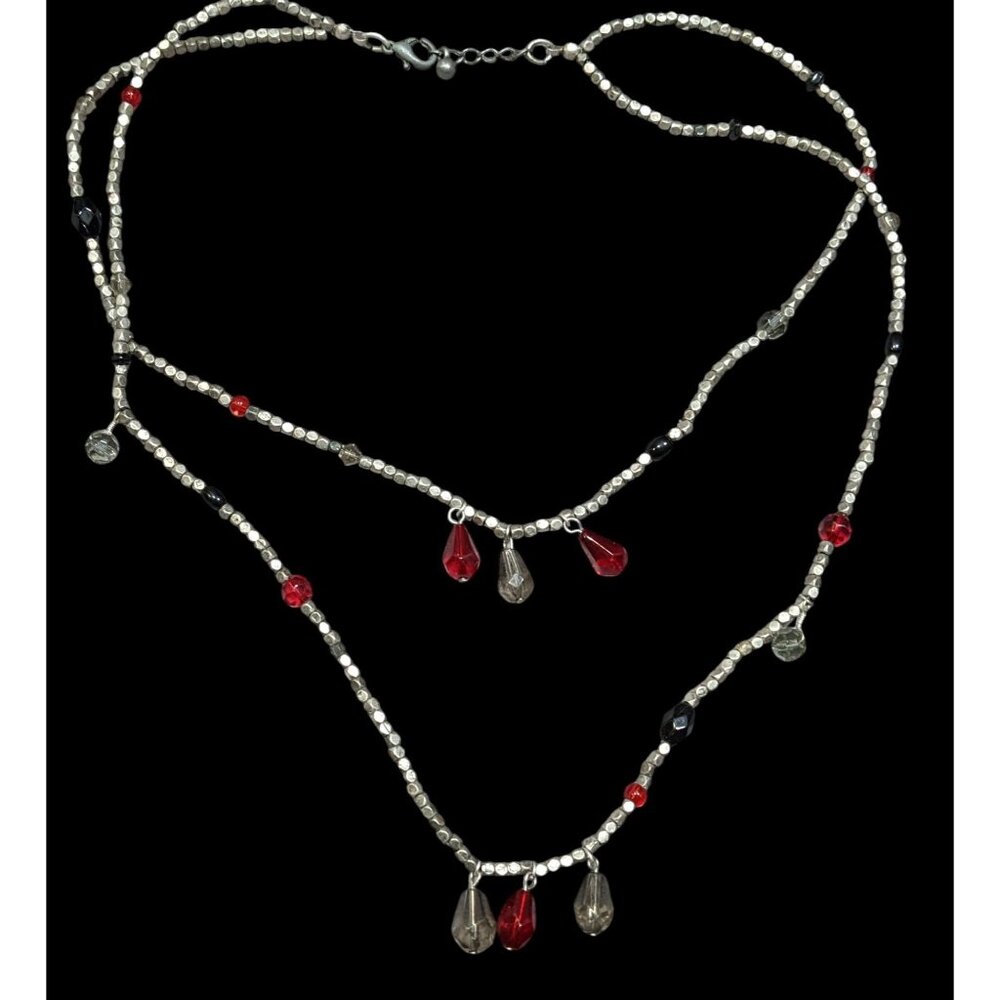 Handmade Layered Red Glass And Silver Tone Metal Beaded Necklace